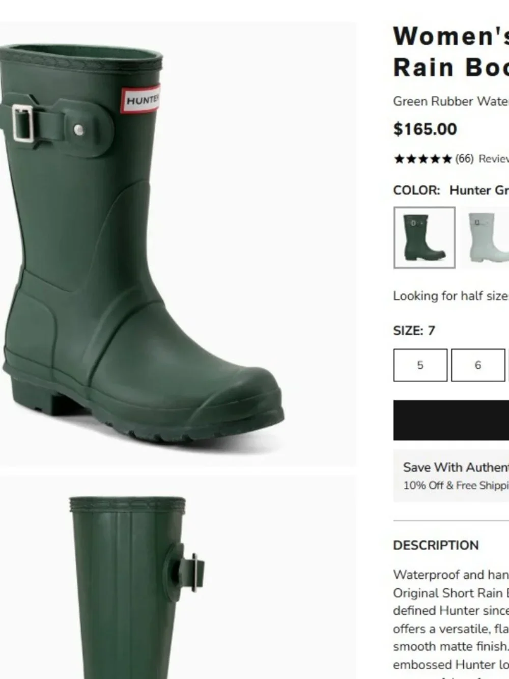 Hunter Original Short Rain Boots Classic Waterproof 6